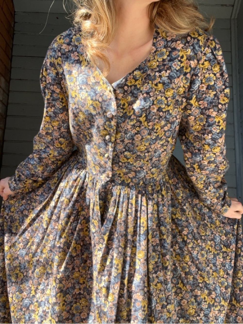 Laura Ashley Navy Floral Long-Sleeve Maxi Dress with Yellow & Pink Blooms